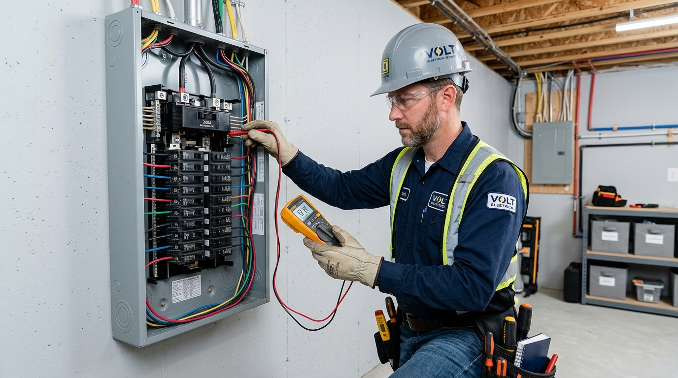 Brock City Electric licensed electrician inspecting a 200 amp electrical panel upgrade in a Pickering home